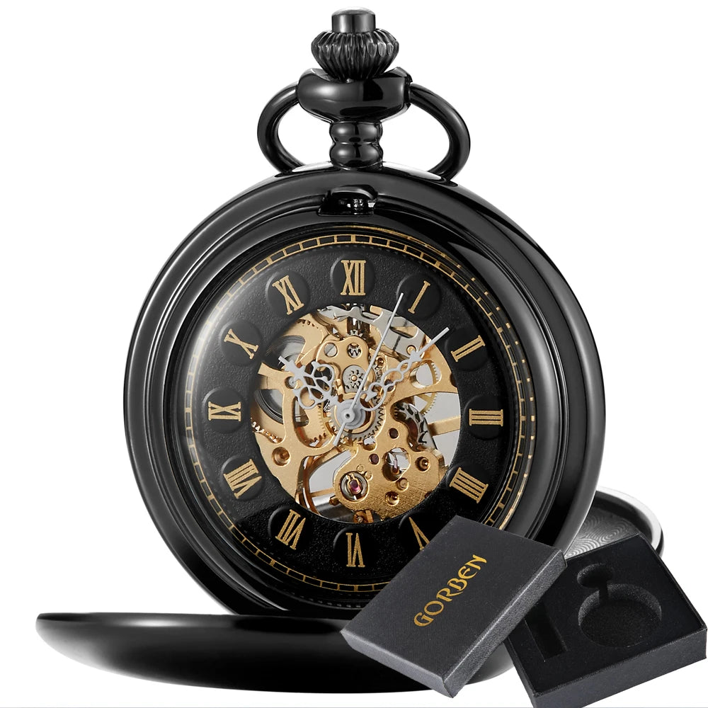 The Vintage Mechanical Pocket Watch features a black case, visible gold mechanical movement, Roman numerals, and open cover, shown beside a black Gorben gift box.