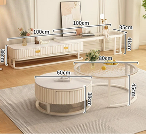 Four Luxury Round Coffee Table Sets in cream marble-look with gold accents, each labeled with dimensions in centimeters, arranged in a modern living room to add a minimalist touch.