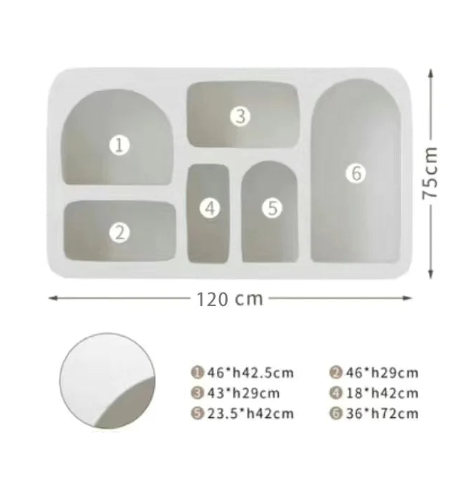 The Minimalist Cream Wind Sculptural Shelf features six numbered compartments in various sizes and measures 120 cm wide by 75 cm high, making it an ideal storage solution for modern interiors.