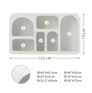 The Minimalist Cream Wind Sculptural Shelf features six numbered compartments in various sizes and measures 120 cm wide by 75 cm high, making it an ideal storage solution for modern interiors.