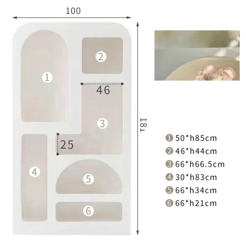 A diagram of the Minimalist Cream Wind Sculptural Shelf's silicone mold shows six numbered cavities in different modern shapes. Sizes (in cm) are listed on the right; overall dimensions are 100x181mm. Perfect for contemporary spaces.