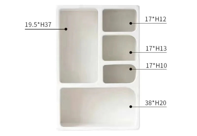 The Minimalist Cream Wind Sculptural Shelf features five rectangular compartments in different sizes, each labeled with dimensions—ideal for sorting small items and adding a modern touch to any storage space.