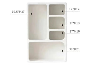 The Minimalist Cream Wind Sculptural Shelf features five rectangular compartments in different sizes, each labeled with dimensions—ideal for sorting small items and adding a modern touch to any storage space.