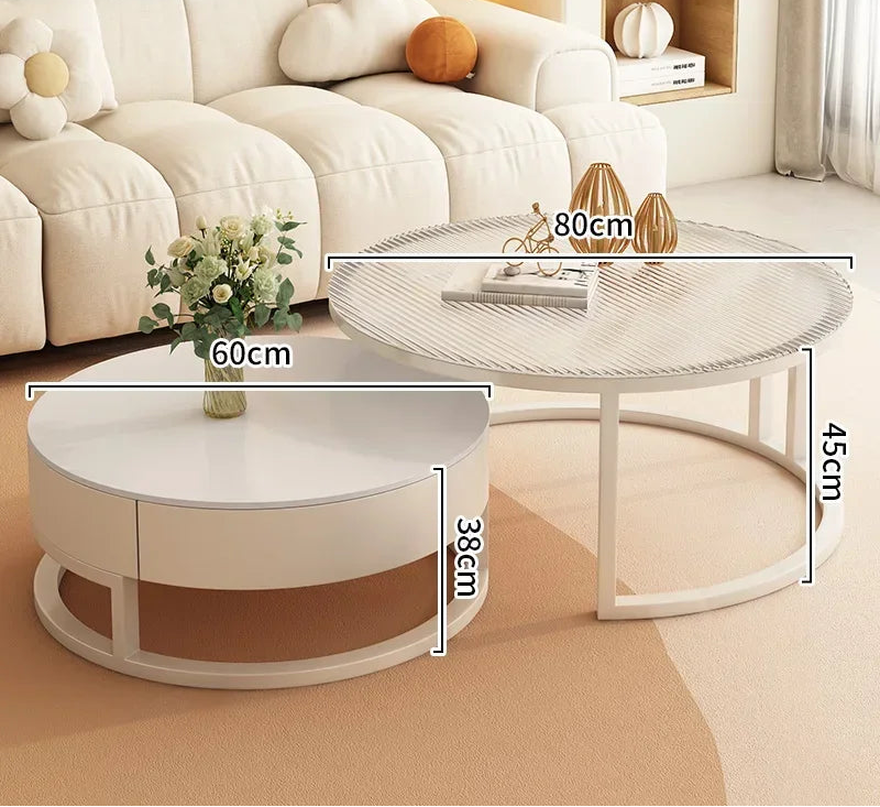 The Luxury Round Coffee Table Set features two round tables with metal frames and a marble-look finish, measuring 60x38cm and 80x45cm, elegantly placed on a beige rug with each table's dimensions clearly labeled.