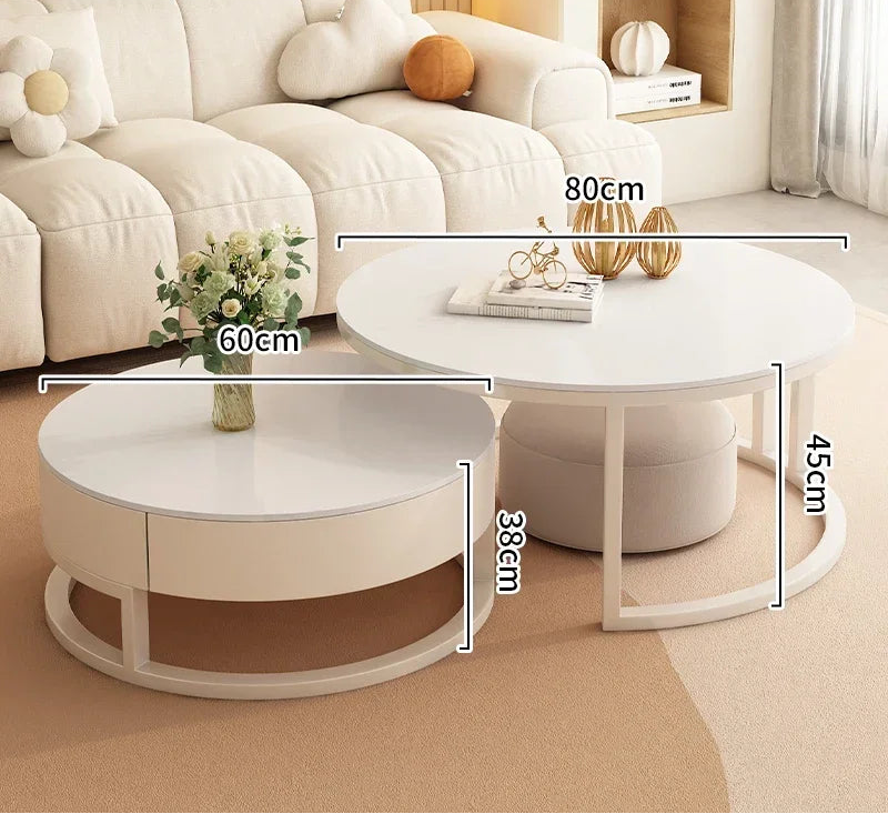 The Luxury Round Coffee Table Set includes two minimalist round tables: the larger is 80cm wide and 45cm high, and the smaller is 60cm wide and 38cm high, perfect for side-by-side placement.
