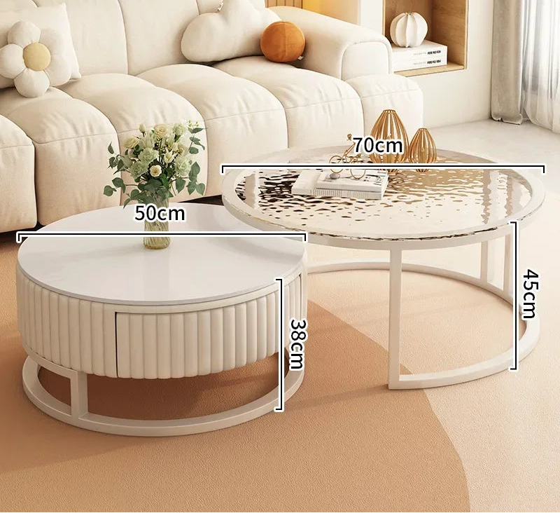 The Luxury Round Coffee Table Set features two chic tables: a white minimalist table with drawers (50x38cm) and a round table with a textured metallic top (70x45cm), both with clearly labeled measurements.
