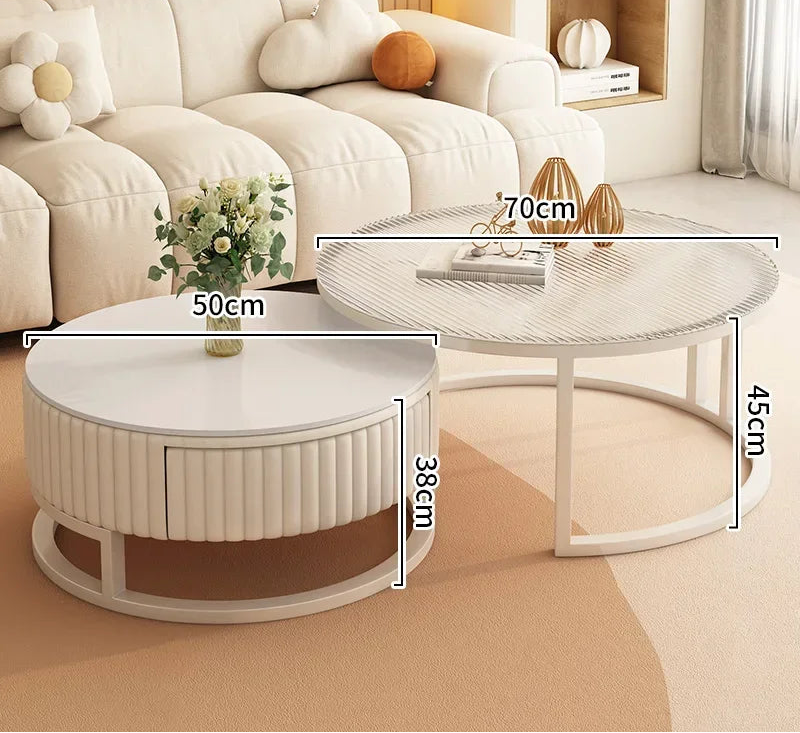 The Luxury Round Coffee Table Set features two metal-framed round tables: one minimalist table is 50cm high and 38cm in diameter, while the other measures 45cm high and 70cm in diameter.