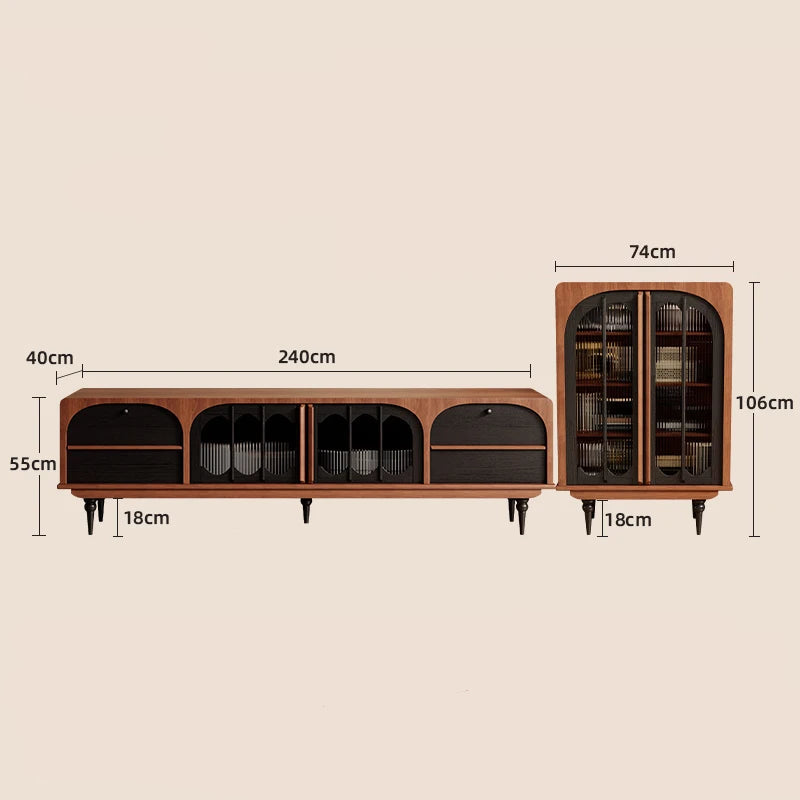The Antique TV Cabinet Combo Set features a 240cm TV stand and a 74cm storage cabinet, crafted in mid-century modern style with glass doors, black accents, and flexible compartments for stylish organization.