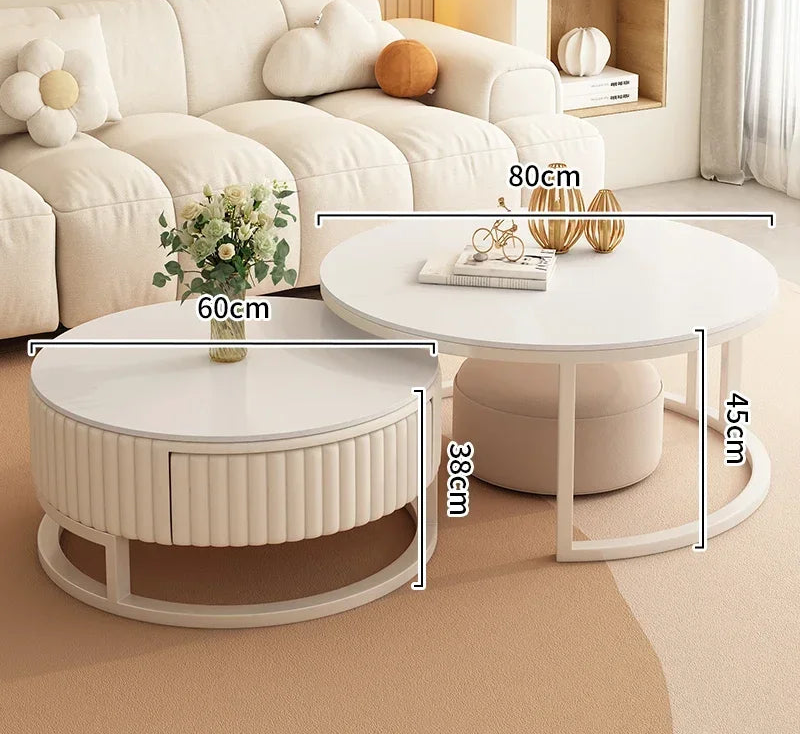 The Luxury Round Coffee Table Set features two minimalist tables of different sizes—60cm x 38cm and 80cm x 45cm—placed on a beige rug, showcasing a modern duo perfect for stylish living spaces.