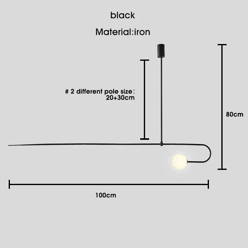 Diagram of the Minimalist Line Light, a black iron lamp featuring modern lighting with a 100 cm length and an 80 cm vertical pole. Offers versatility with 20 cm and 30 cm pole options for sculptural lighting in a minimal mounting system, exuding streamlined elegance.