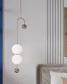 A modern bedroom with vertical paneling and the sleek Minimalist Line Light showcases sculptural lighting by the bed.