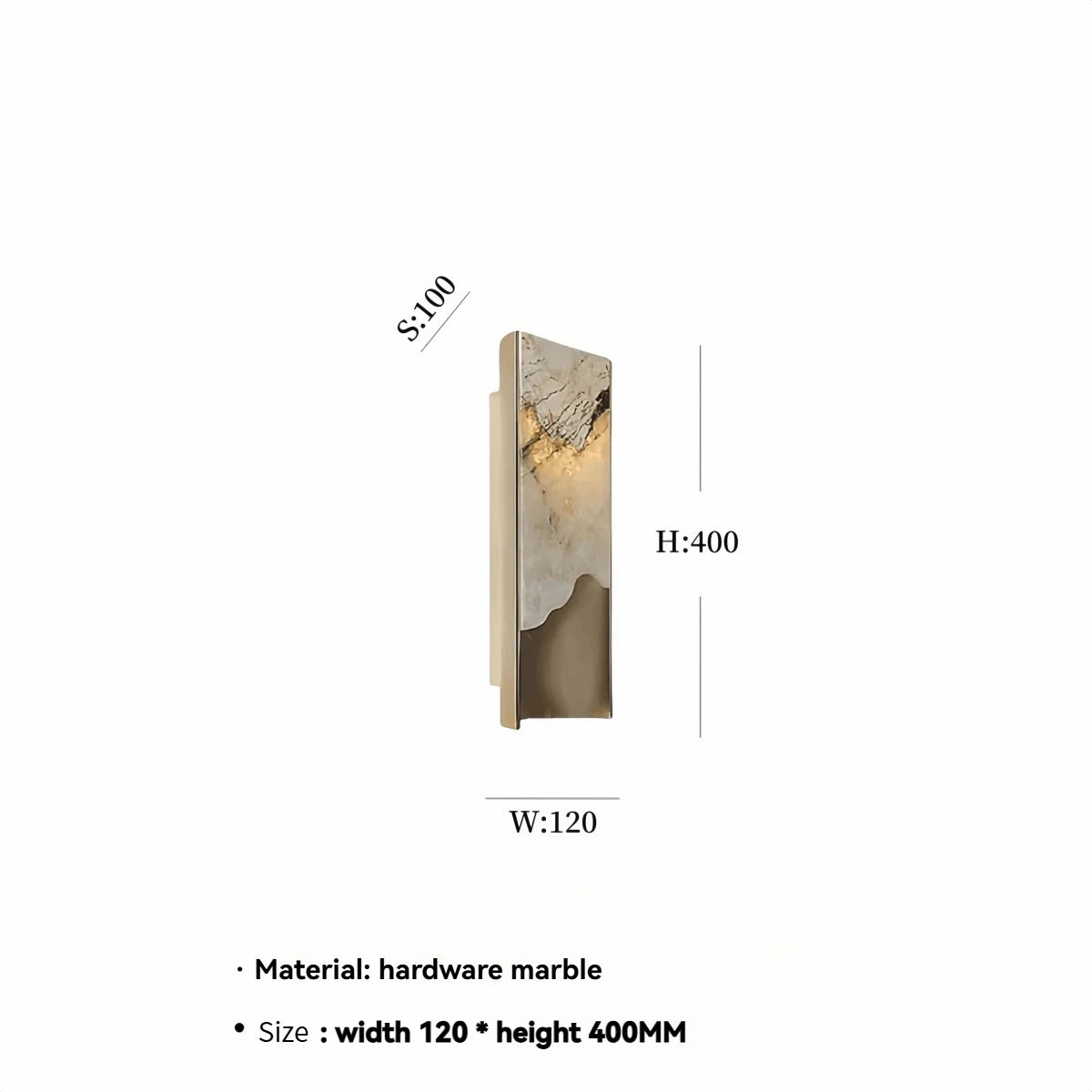 Luxury Marble Wall Sconce: The Luxury Marble Wall Sconce features a rectangular design crafted from hardware and marble, with dimensions of 120mm in width, 400mm in height, and 100mm in depth. Displayed against a plain white background, the wall sconce includes clearly labeled measurements.