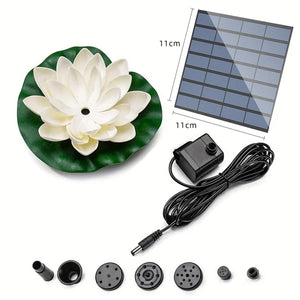 The Lotus-shaped Solar Fountain includes components such as a white artificial lotus flower, an 11cm x 11cm solar panel, a water pump with an attached cable, and various nozzle attachments. Perfect for garden ponds, its floating design adds elegance while utilizing solar power.