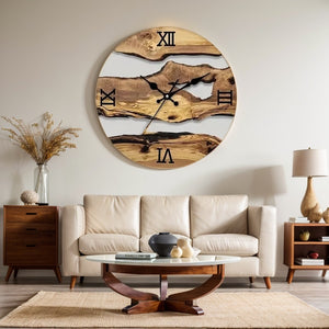 A Wood Circular Wall Clock with Roman numerals hangs above a beige sofa. A round glass coffee table and live edge side tables beautifully complement the organic style of the modern living room decor.