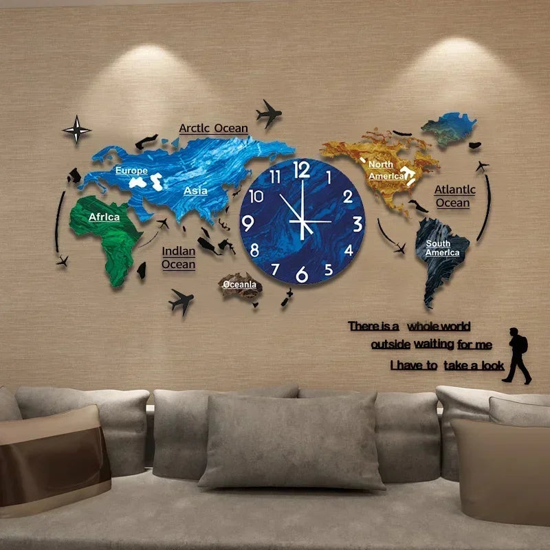 A living room decorated with a unique 3D world map wall clock, perfect for those who love to travel.