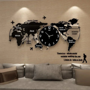 A living room with a 3D world map wall clock.