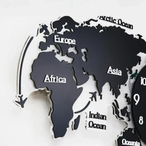 A World Map Wall Clock perfect for travel enthusiasts to decorate their space.