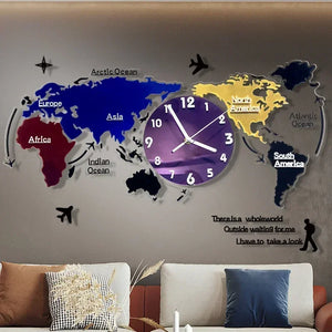 A living room with a travel-themed world map wall clock.