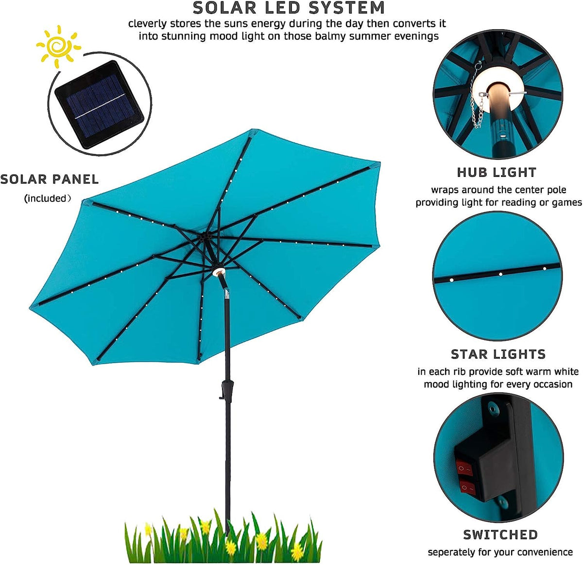 solar umbrella lights | 10-foot patio umbrella with solar lights | string lights for umbrella | umbrella pole light ｜ string lights for patio umbrella ｜ patio umbrella string lights | best umbrella lights ｜ waterproof umbrella lights