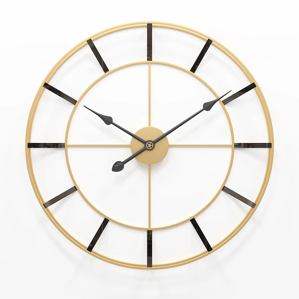 A large, minimalist decor enthusiast-approved wall clock with a gold frame and black hands against a white background.
