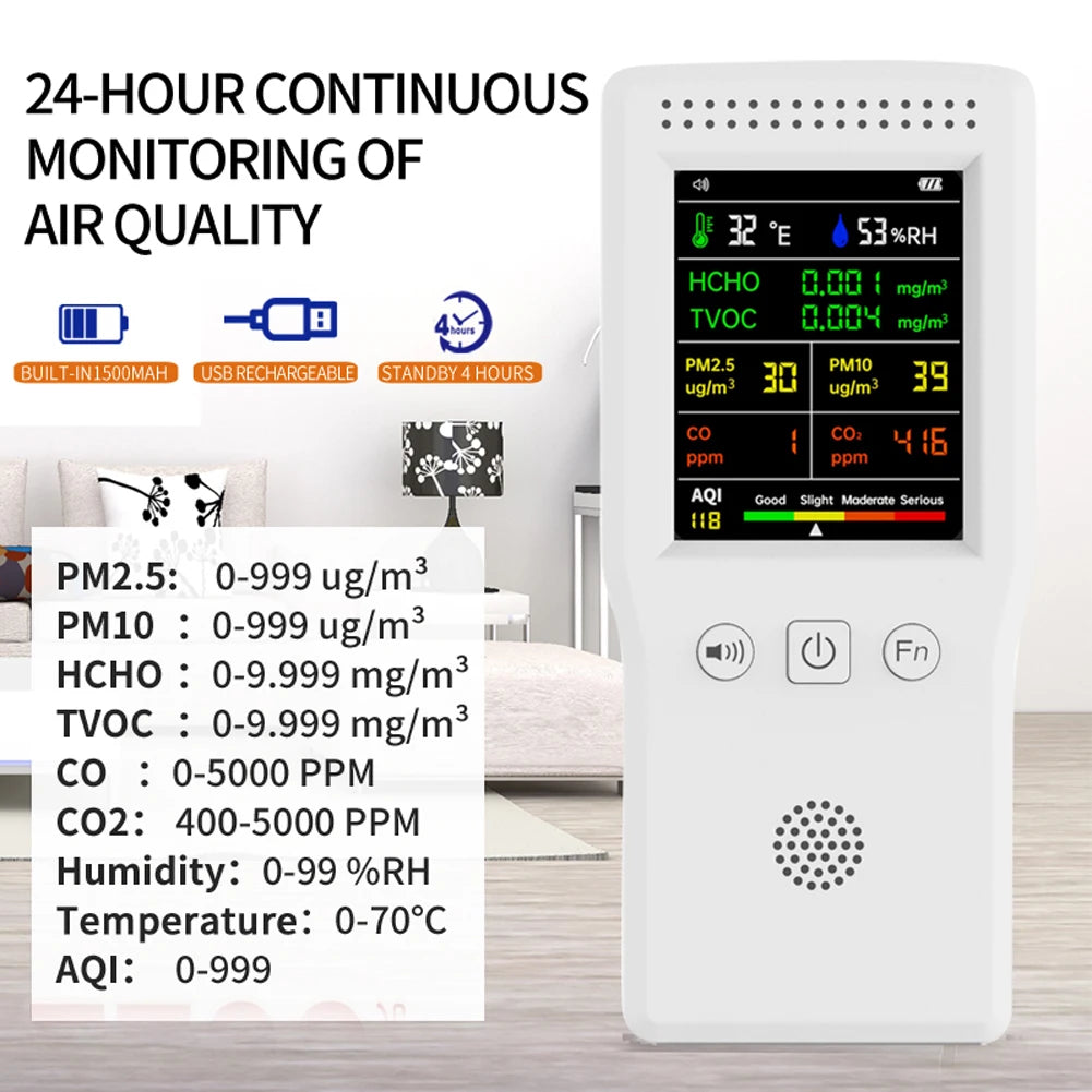 A portable air quality detector in a living room.