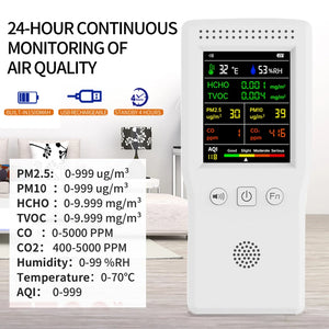 A portable air quality detector in a living room.