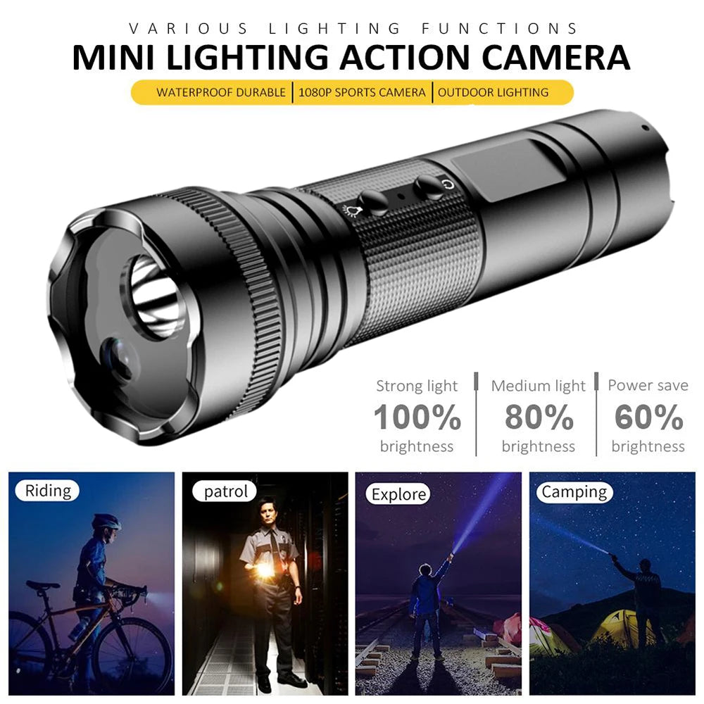 The Outdoor Flashlight SpyCam is a black handheld mini action camera with flashlight design, waterproof build, and 1080p resolution—ideal for riding, patrols, exploration, and camping.