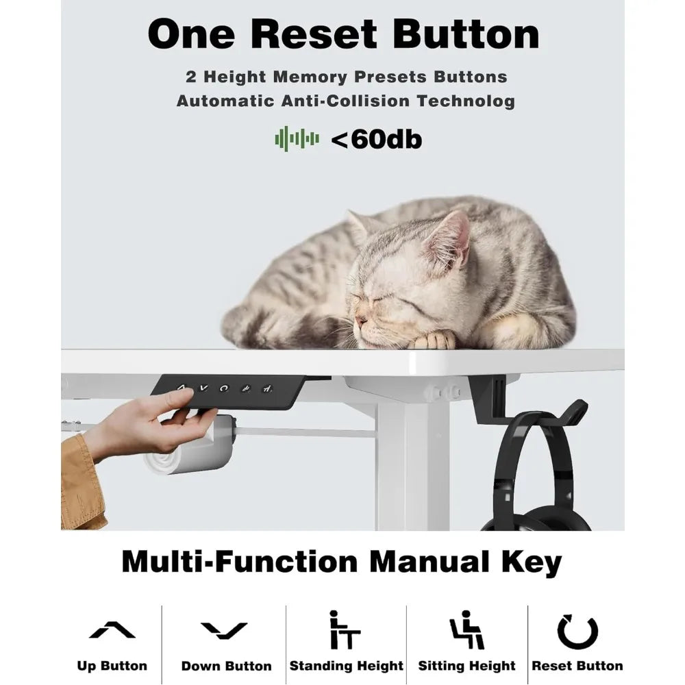 A cat sitting on a ergonomic adjustable desk with multi-function manual keys to adjust the height of the desk.