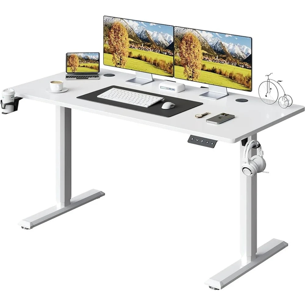 A motorized ergonomic adjustable desk, with height changes, featuring a white standing desk with two monitors and a keyboard, a headphone holder, a cup holder