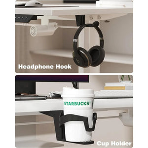 A comfortable cup holder with headphones on an ergonomic adjustable desk.