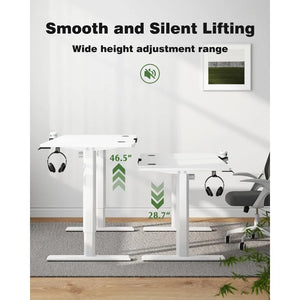 Smooth and silent motorized height changes for an ergonomic adjustable desk with a wide range of height adjustment.