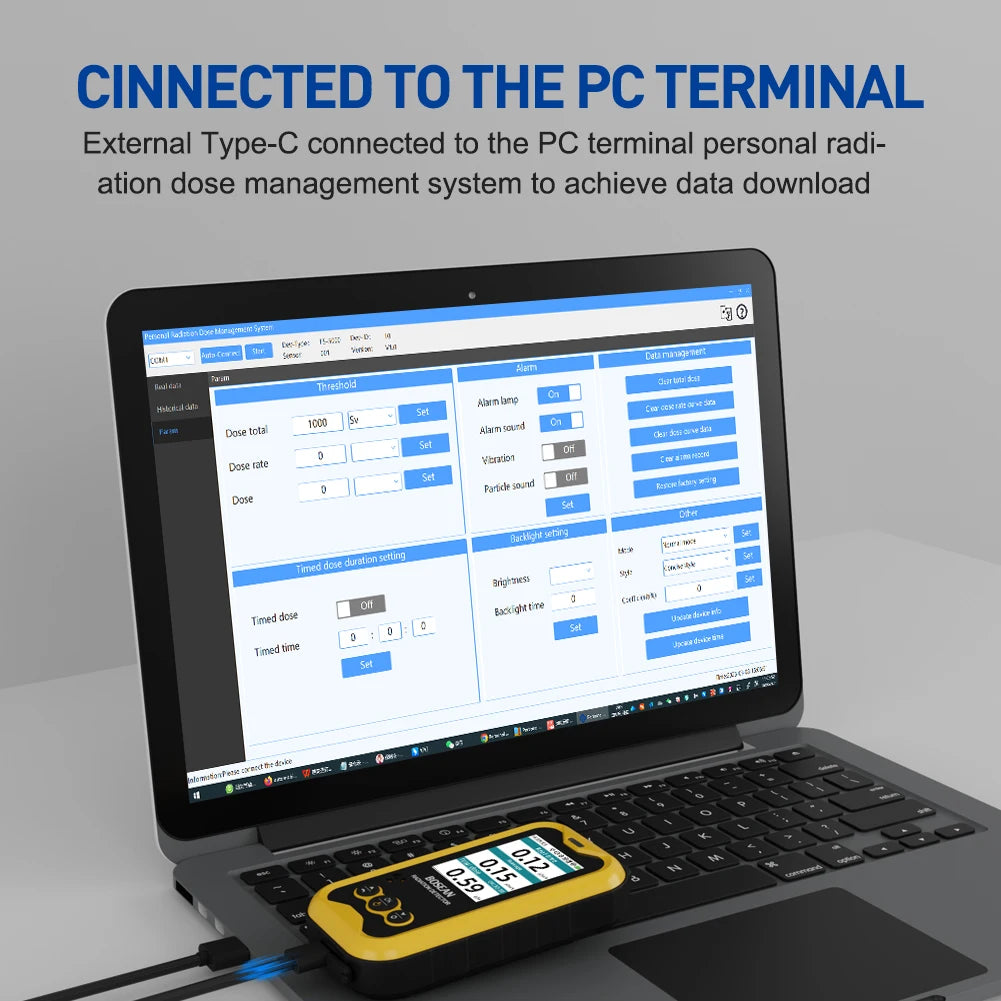 A laptop with a pc terminal connected to the nuclear radiation detector for real-time data analysis.