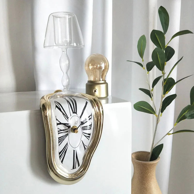 An artistically unique clock with a surreal flair inspired by Salvador Dali, delicately resting on a shelf.