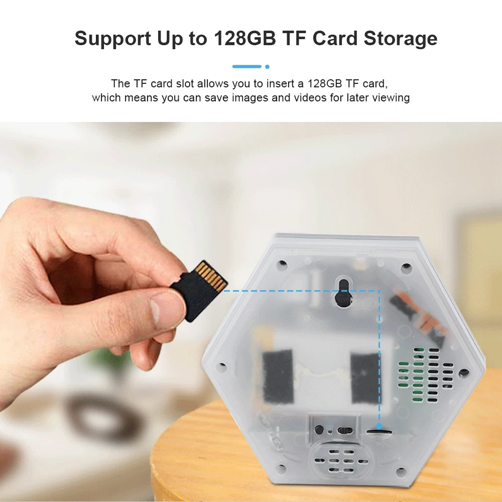 A microsd card being inserted into a slot on a transparent electronic device with a capacity up to 128gb for storage expansion, ideal for infrared night vision Clock SpyCam.
