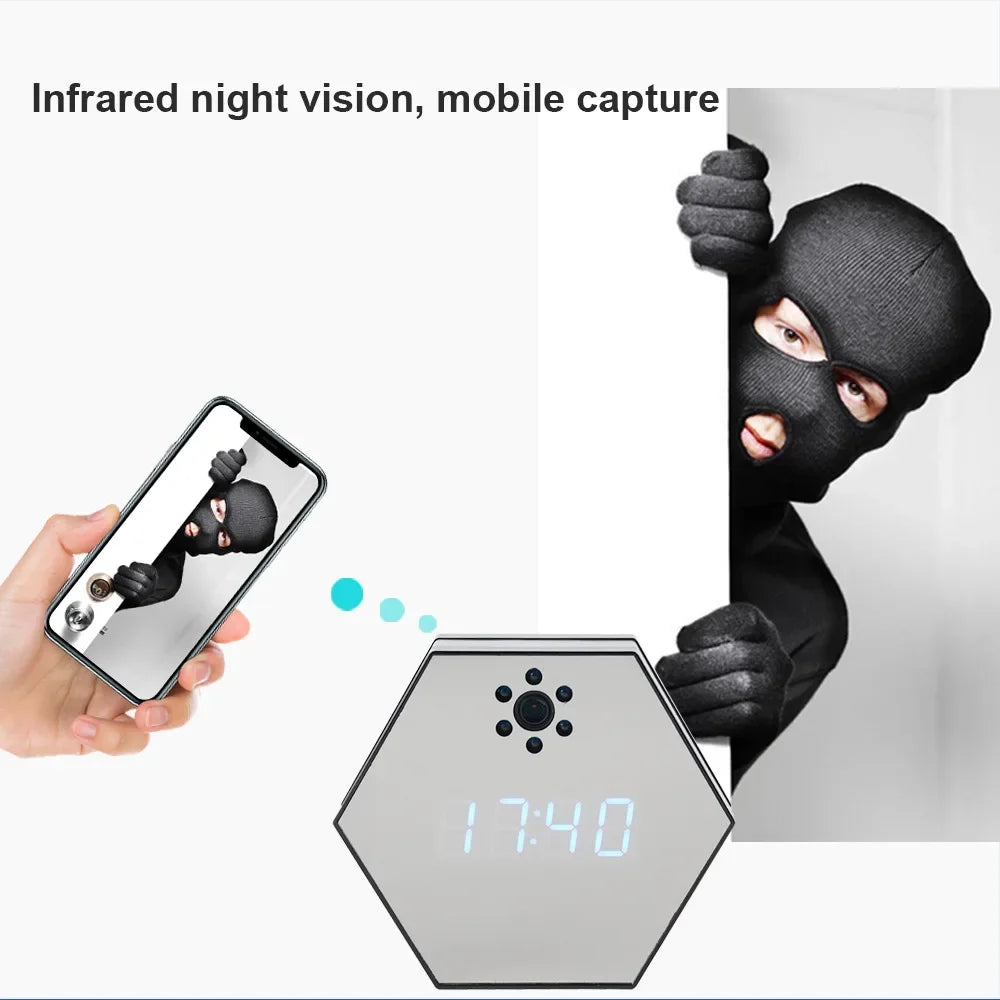 The Sleek Clock SpyCam discreetly shows the time and records a masked person peeking around a corner in stunning 4K HD, with footage viewable on your smartphone via wireless connection.
