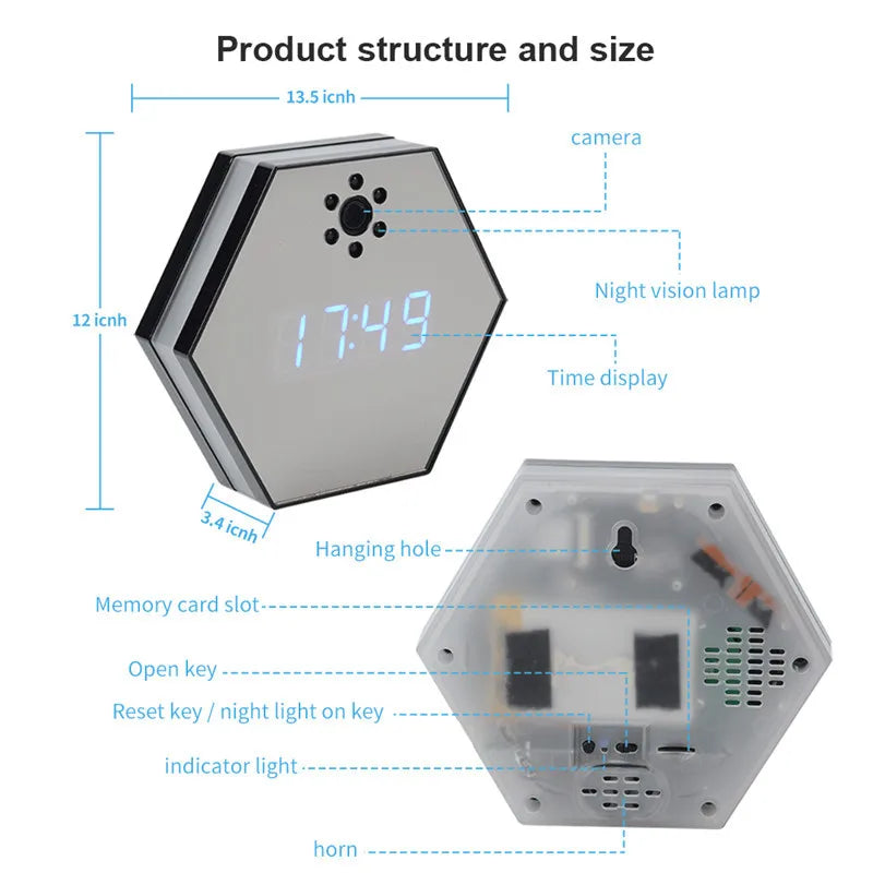 Annotated diagram showing the features and dimensions of a multifunctional Clock SpyCam with an infrared night vision camera.