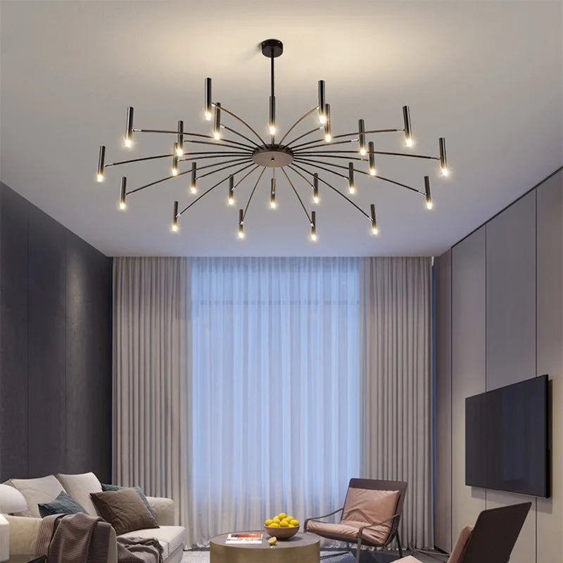 A modern living room with a Contemporary Candle Style Chandelier providing adjustable lighting.
