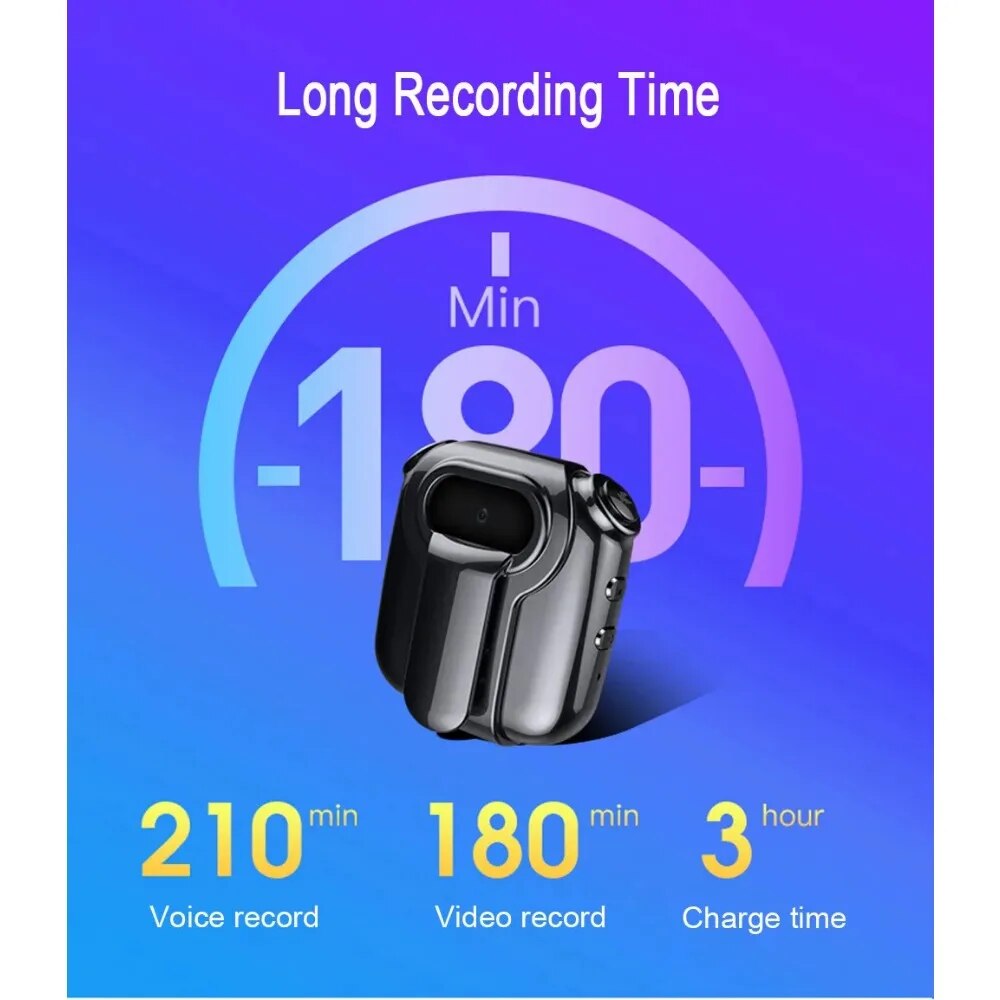 An image showcases the sleek black Smart Necklace SpyCam, emphasizing its "Long Recording Time." It features 210 minutes of voice and 180 minutes of video recording, with a 3-hour charge time, set against a blue and purple gradient backdrop.