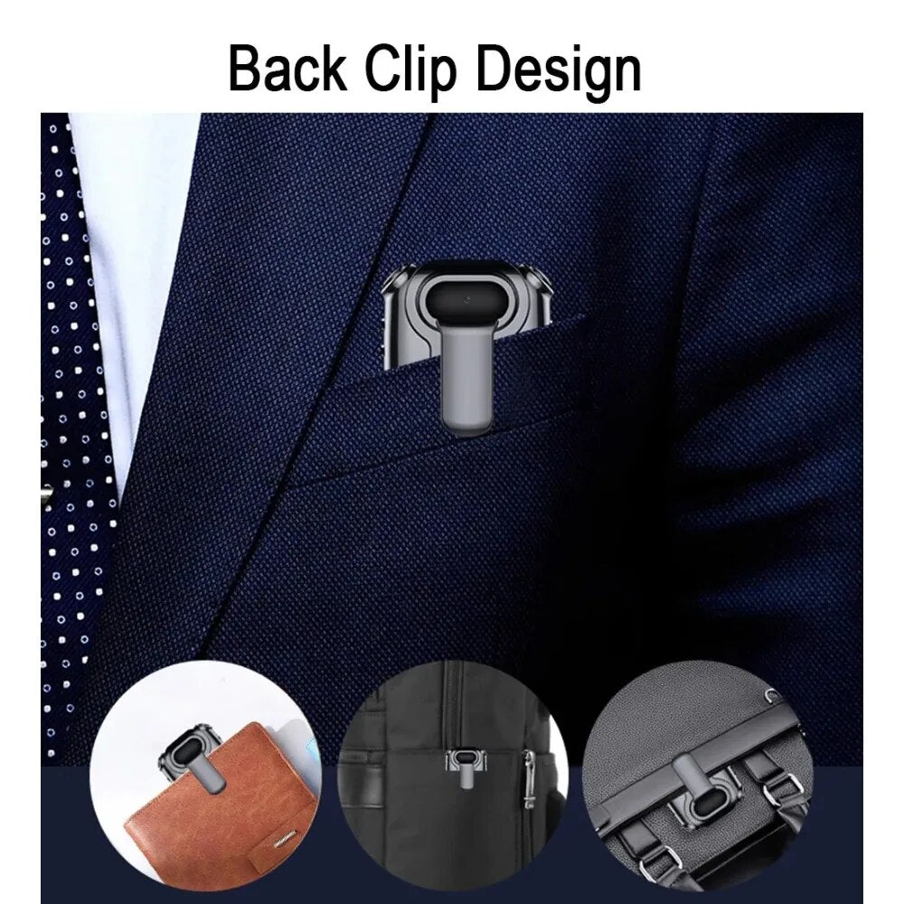 A Smart Necklace SpyCam clipped to a suit pocket, with three circular insets showing it attached to different bags, cleverly disguised as wearable technology.