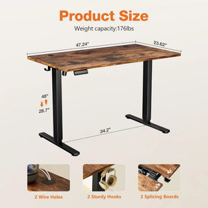 Elegant Rustic Brown Electric Desk | 2 Hooks, Wire Holes for Organized Space