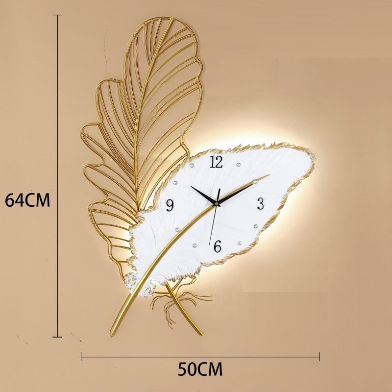 wall clock light | wall clock that lights up at night | oversized illuminated wall clock | illuminated wall clock | feather light fixture | feather art | feather art | metal feather wall decor | feather wall light | large metal feather wall art | 3 piece feather wall art | feather wall sconce