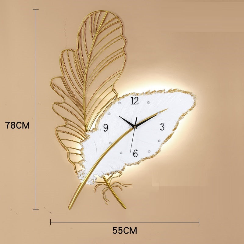 wall clock light | wall clock that lights up at night | oversized illuminated wall clock | illuminated wall clock | feather light fixture | feather art | feather art | metal feather wall decor | feather wall light | large metal feather wall art | 3 piece feather wall art | feather wall sconce