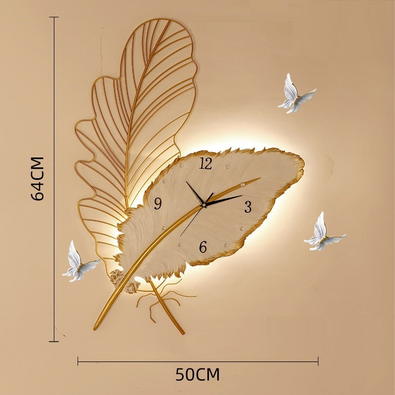 wall clock light | wall clock that lights up at night | oversized illuminated wall clock | illuminated wall clock | feather light fixture | feather art | feather art | metal feather wall decor | feather wall light | large metal feather wall art | 3 piece feather wall art | feather wall sconce