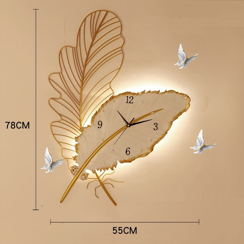 wall clock light | wall clock that lights up at night | oversized illuminated wall clock | illuminated wall clock | feather light fixture | feather art | feather art | metal feather wall decor | feather wall light | large metal feather wall art | 3 piece feather wall art | feather wall sconce