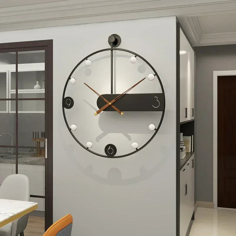 A living room with a modern Round Ring Wall Clock on the wall with tiny lights around the ring.