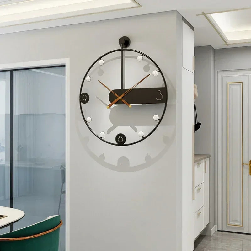 A living room with a modern Round Ring Wall Clock on the wall with tiny lights around the ring.