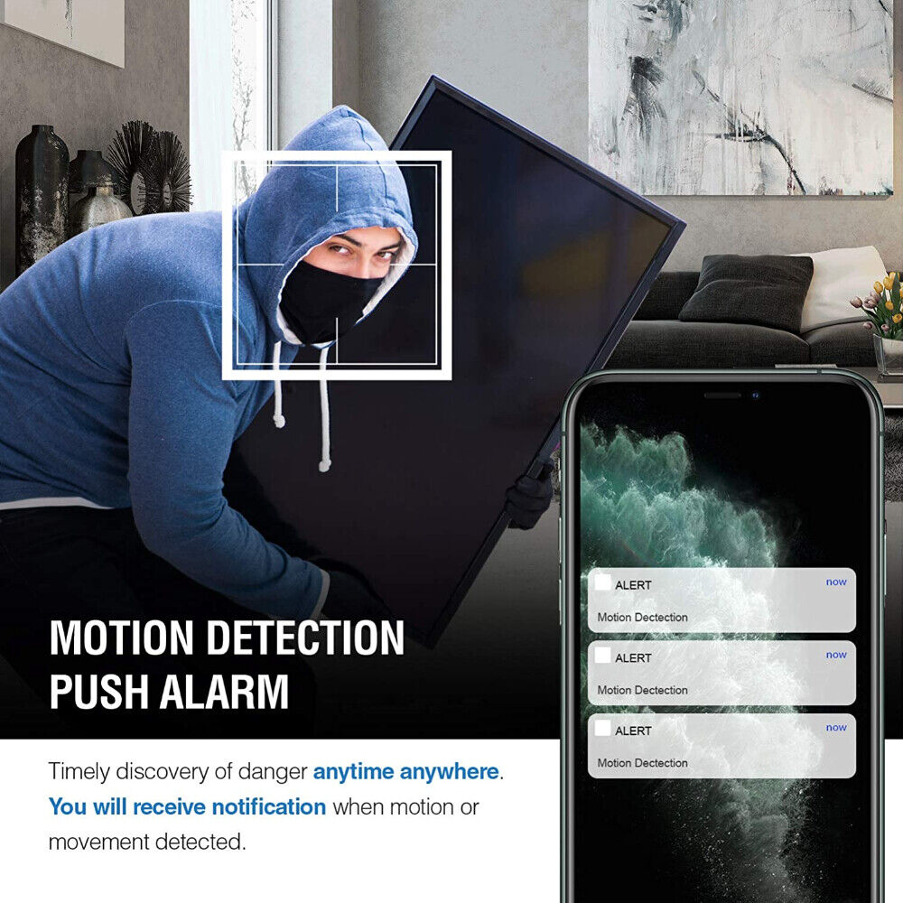 A person in a hoodie and mask is seen holding a TV as alerts from the Bird Clock SpyCam appear on a smartphone. The text highlights its motion detection, push alarm notifications, and night vision features for enhanced security.