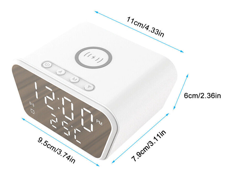 Digital alarm clock with dimensions labeled featuring discreet monitoring and iPhone & Android support.