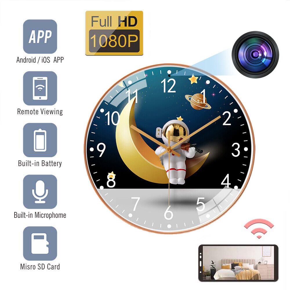 The Astronaut Moon Clock SpyCam is a smart surveillance device, cleverly concealing a camera in its cosmic design. It supports apps, offers remote viewing, includes a built-in battery and microphone, and has micro SD card capacity for seamless monitoring.
