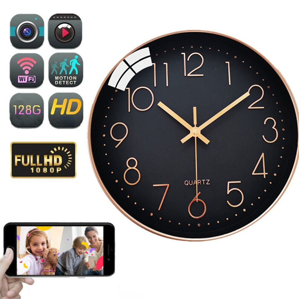 Introducing the Wall Clock SpyCam: a black wall clock featuring gold numbers and hands, designed to blend seamlessly into any room for discreet surveillance. It boasts HD 1080P video recording, motion detection, WiFi connectivity, and can store up to 128GB. The image shows a person viewing family photos on their smartphone.

